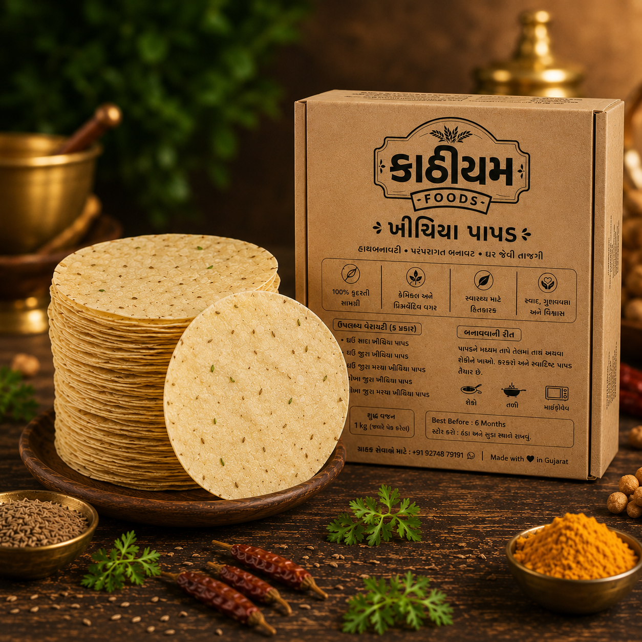 Kathiyum Foods Handmade Chokha Jeera Marcha Khichiya Papad | Spicy Rice Papad
