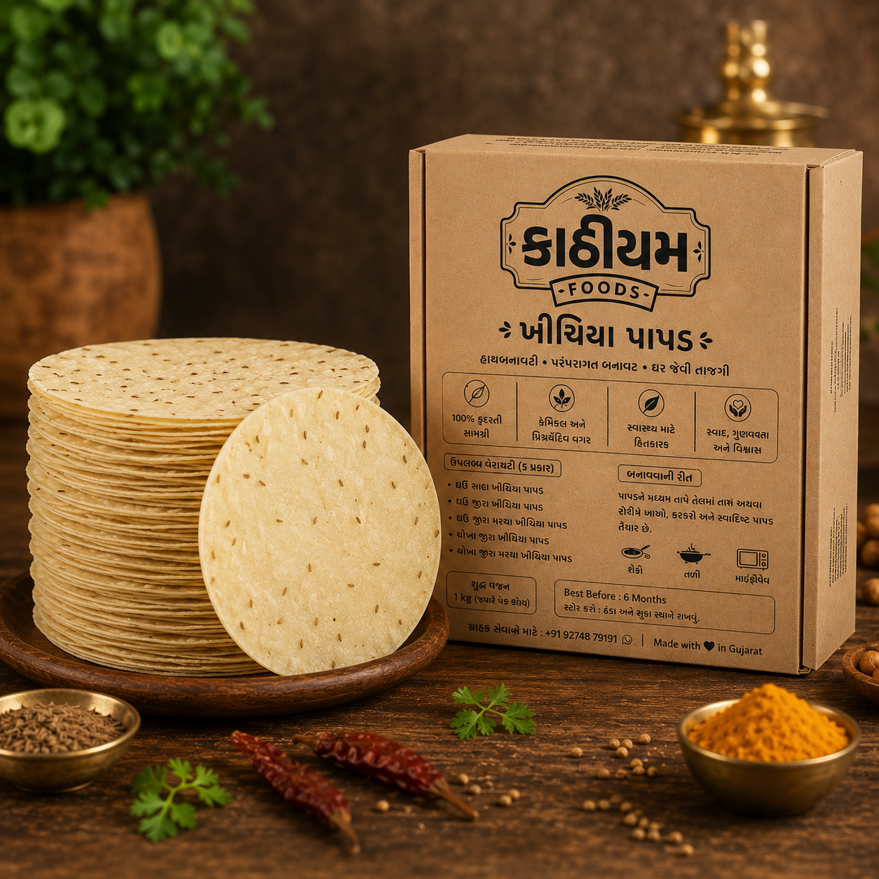 Kathiyum Foods Handmade Chokha Jeera Khichiya Papad | Rice Jeera Papad