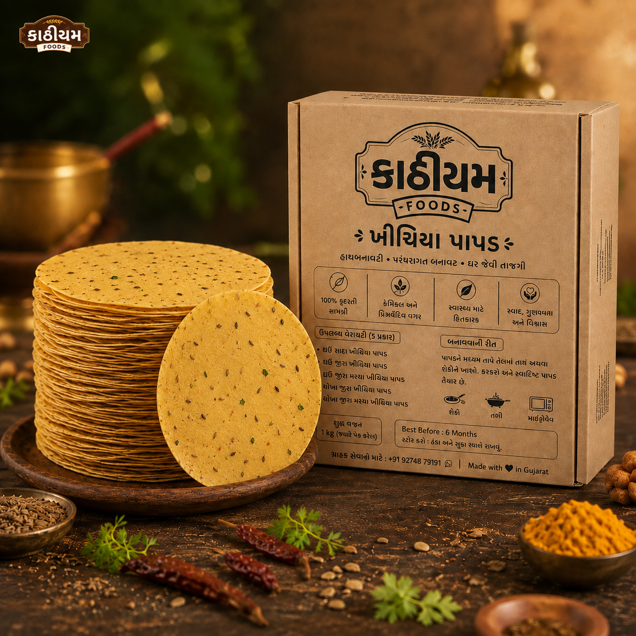 Kathiyum Foods Handmade Ghav Jeera Marcha Khichiya Papad | Spicy Gujarati Papad
